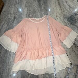 easel Women's Small Faux Linen Top 3/4 Sleeve Loose Tiered Pink Cream